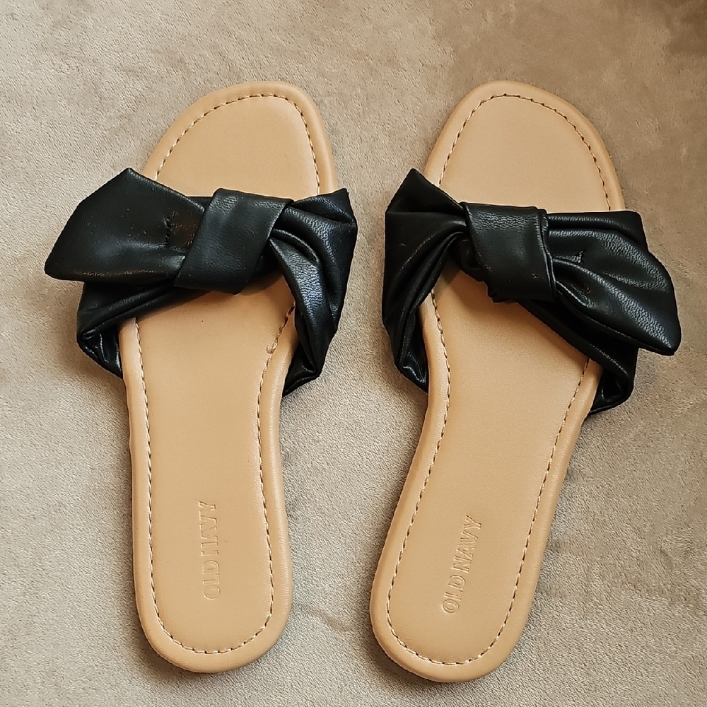 NWOT Women's Old Navy Knotted Slide Sandals, Black/tan, 6